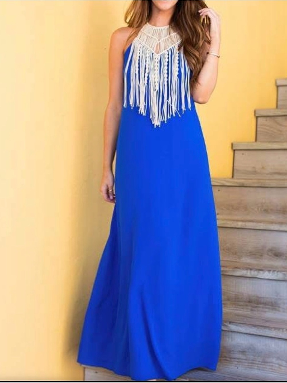 NWT Judith March Halter Macrame Neckline Maxi Royal Blue medium